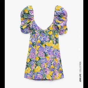 Zara printed corset style dress / purple yellow green floral puff sleeve dress